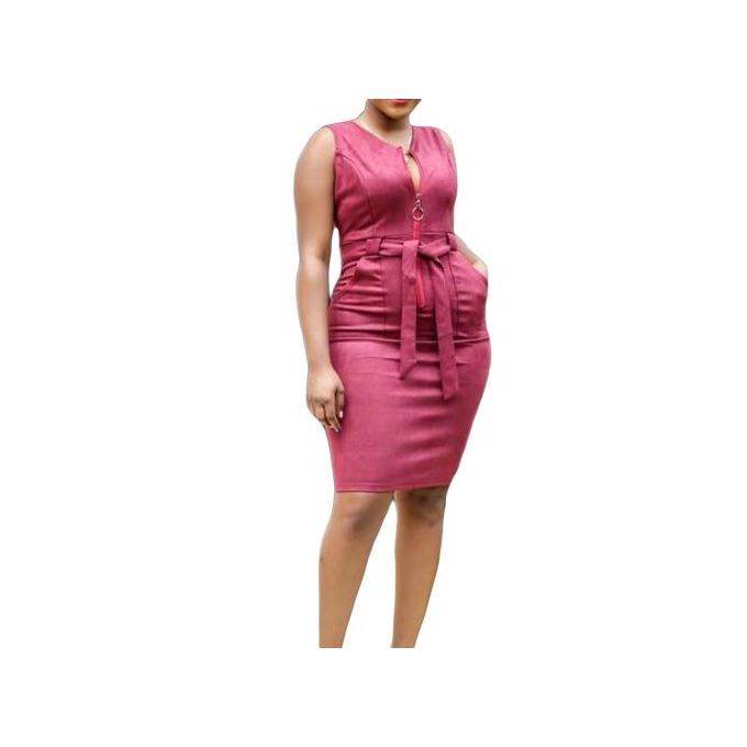 Fashion Maroon Women's Zip Front Waist Belt Midi Dress